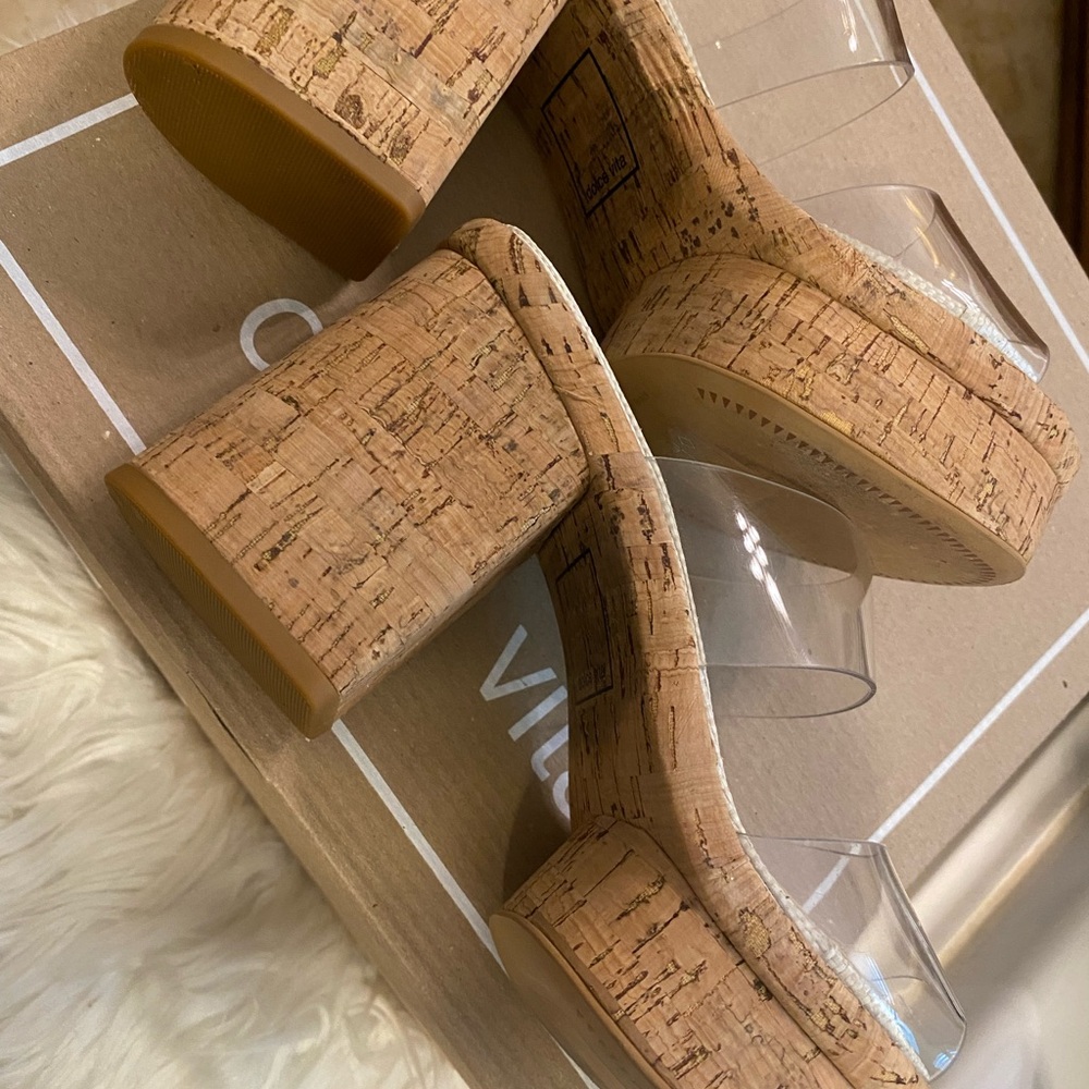 Dolce Vita Latoya Crystal Vinyl Clear Strap Cork Platform Heels 6.5 - Picture 4 of 6